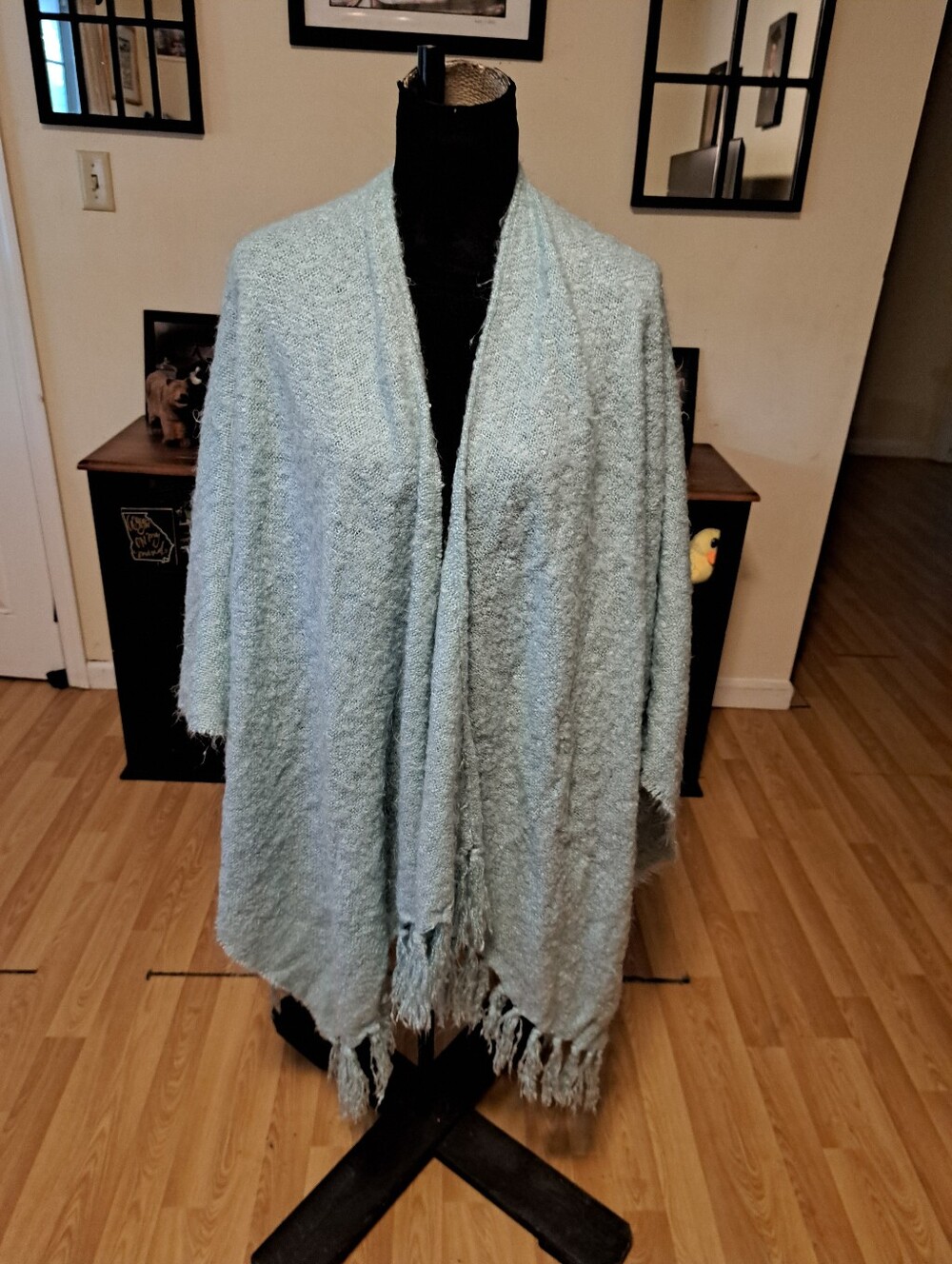 Soft Light Blue Open Front Fringe Trim Cape Poncho Wrap Shawl Cardigan One Size